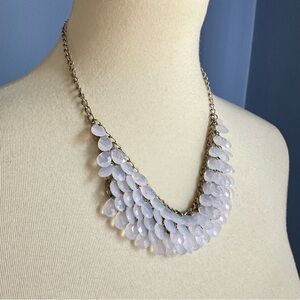 Gold Tone Bib Necklace with White Teardrop Acrylic Jewels – Adjustable 18–21”